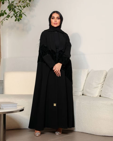 Crepe Abaya with Embroidered Velvet IB165 Black